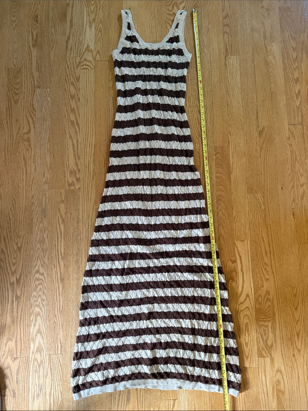 Peppermayo Brown and Cream Crocheted Knit Striped Tank Maxi Dress